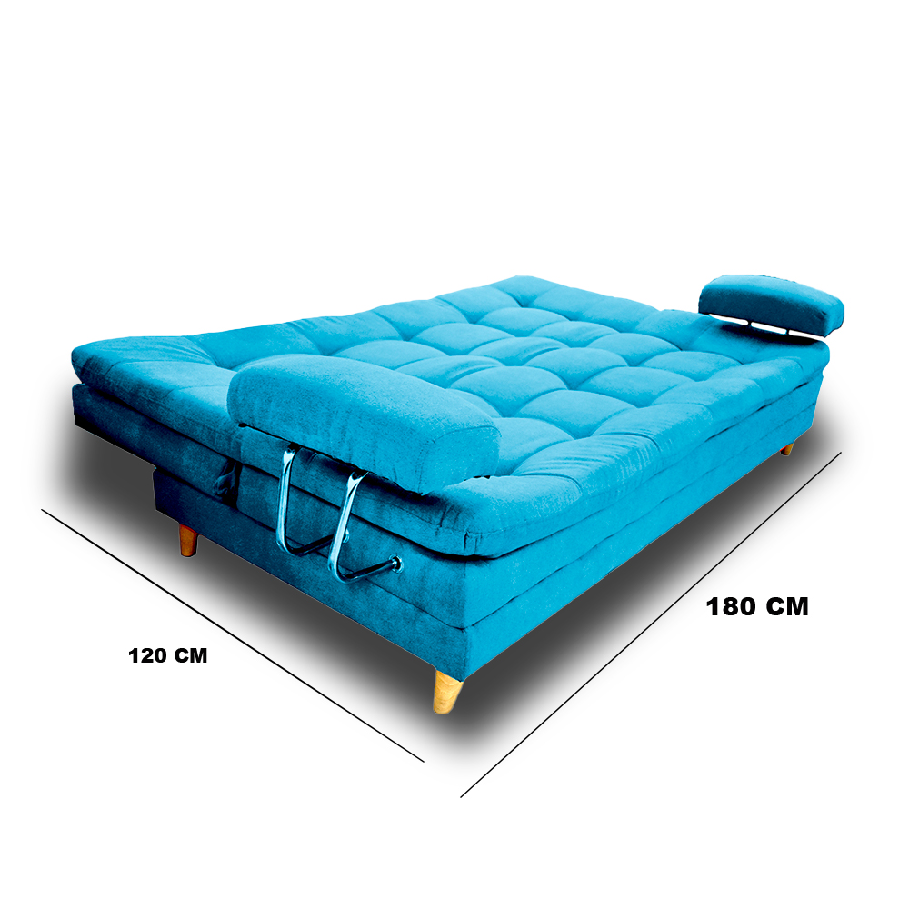 Sofacama cooper azul de 3 puestos con brazos, patas de madera - Muebles en Medellín | Sofacama
