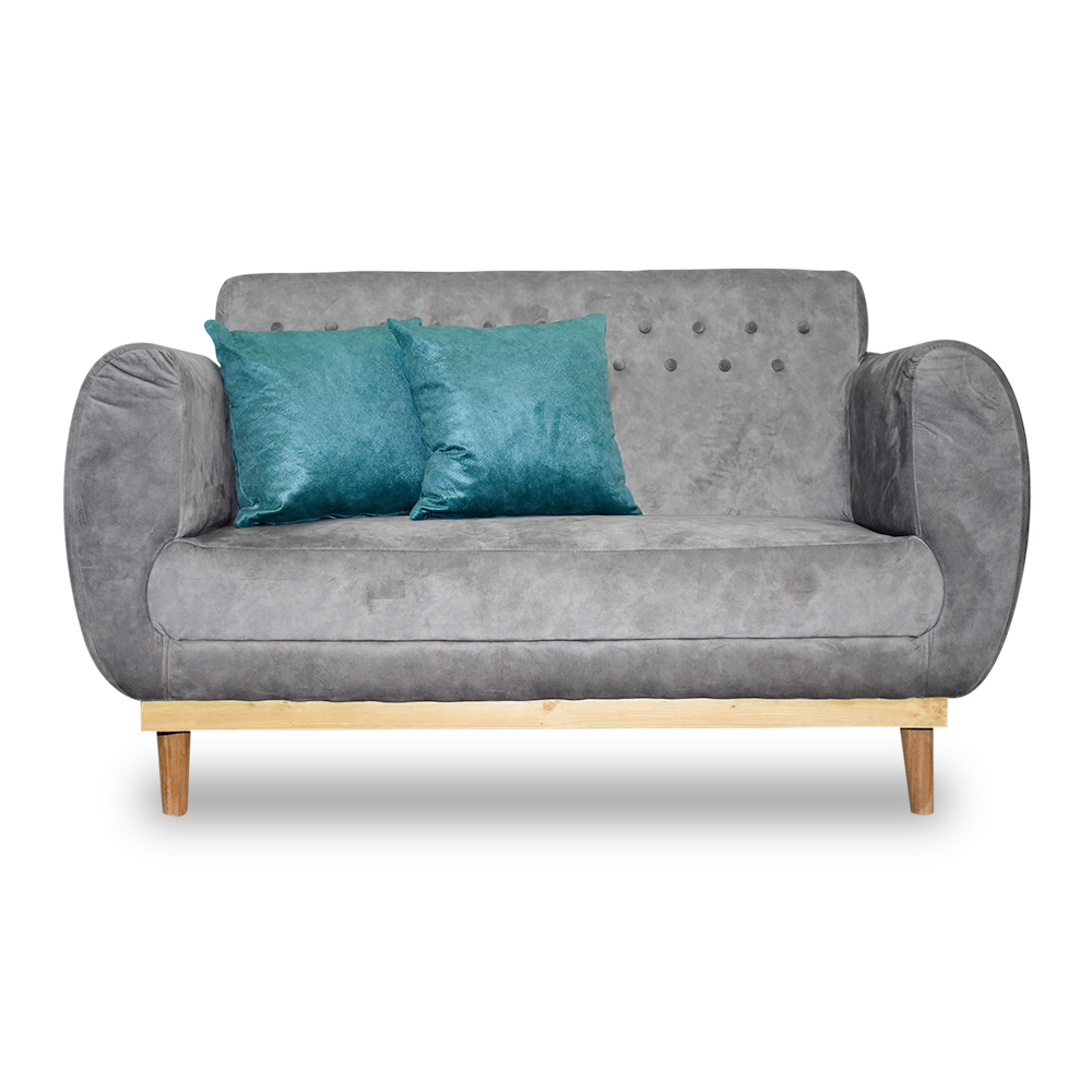 Sofa boho lino gris claro, patas de madera - Muebles en Medellín | Sofá
