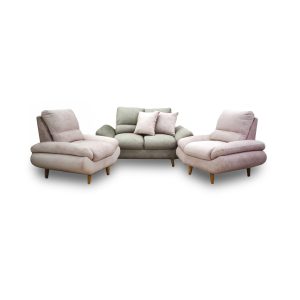 Sala venecia poliester taupe/rosa, 2 ptos patas de madera - Muebles en Medellín | Sala
