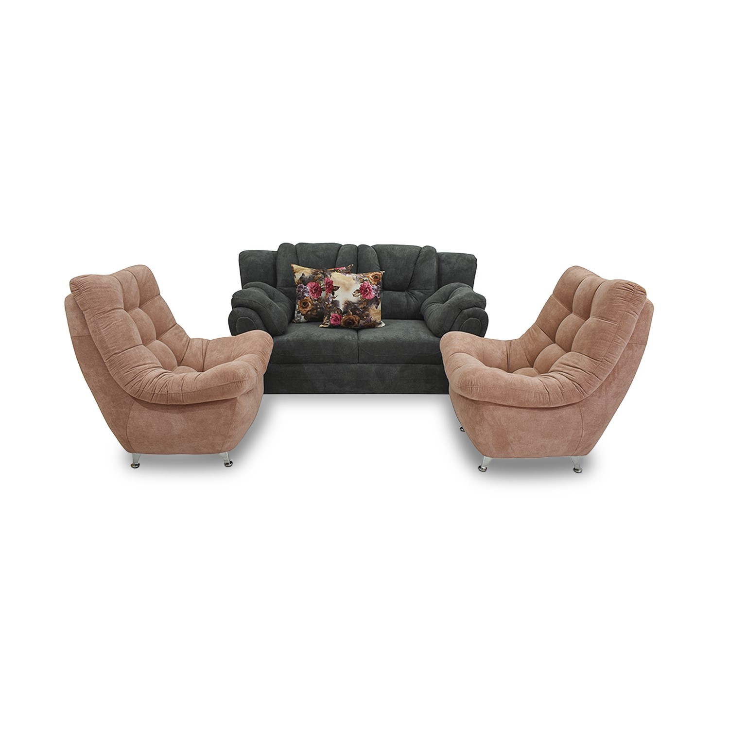 Sala relax lino gris y palo e rosa, cojines, patas metalicas - Muebles en Medellín | Sala