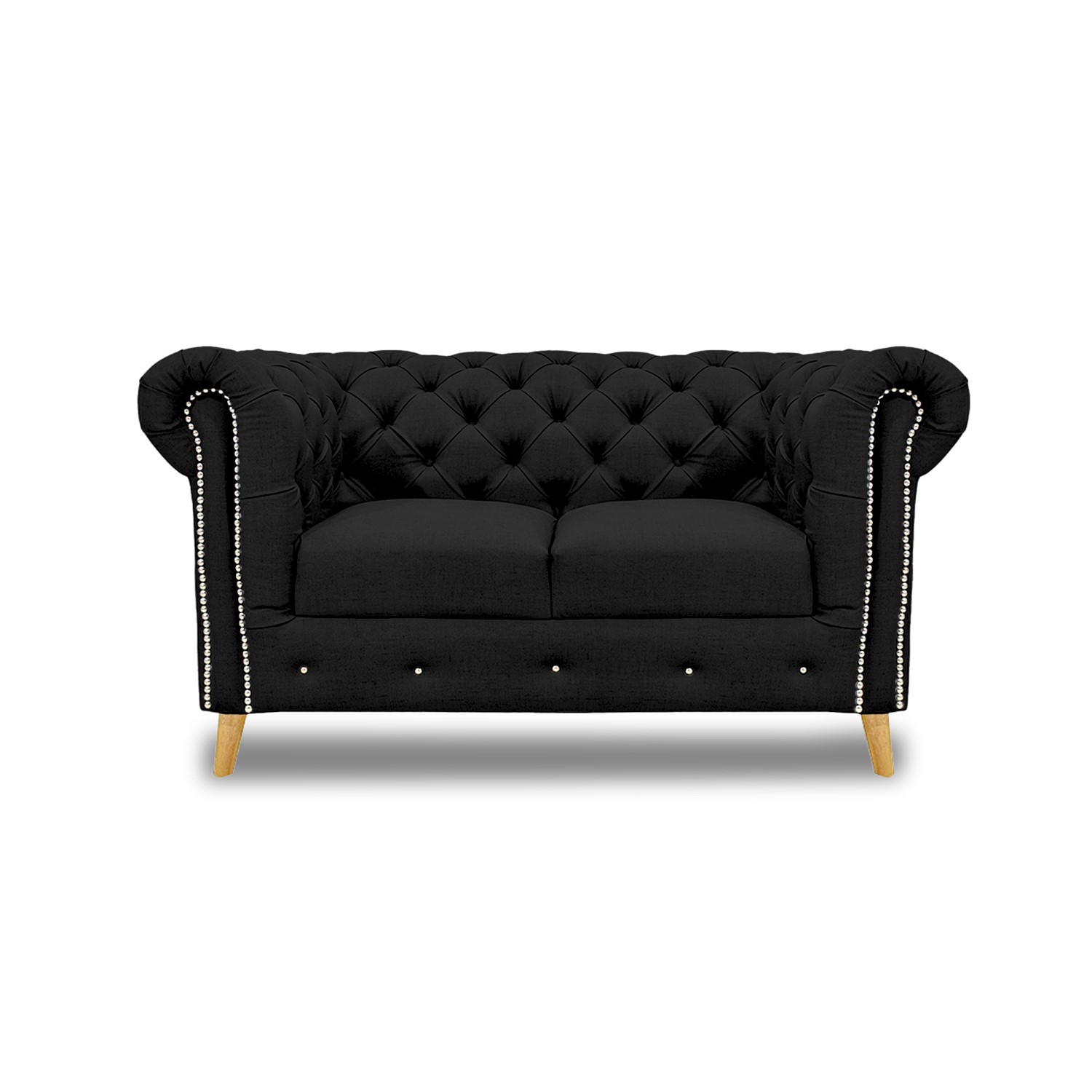 Sofa chester 2 puestos lino negro c/b, patas de madera - Muebles en Medellín | Sofá