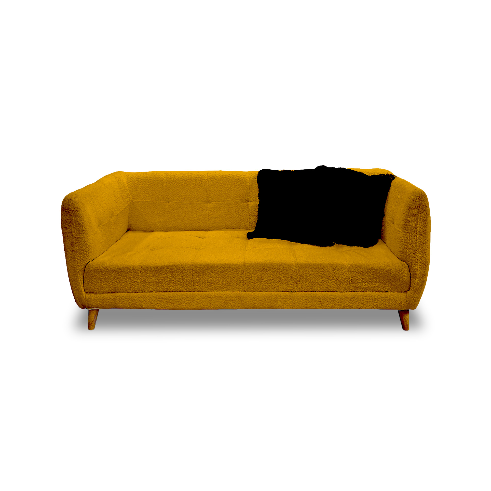 Sofa velvet poliéster mostaza, patas de madera - Muebles en Medellín | Sofá