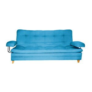 Sofacama cooper azul de 3 puestos con brazos, patas de madera - Muebles en Medellín | Sofacama