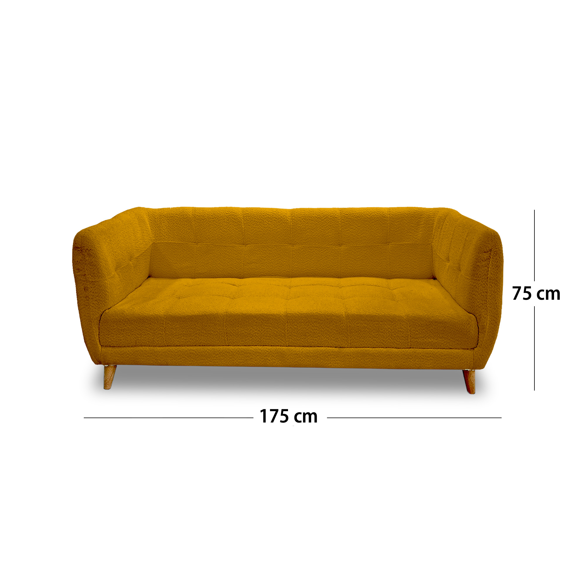 Sofa velvet poliéster mostaza, patas de madera - Muebles en Medellín | Sofá