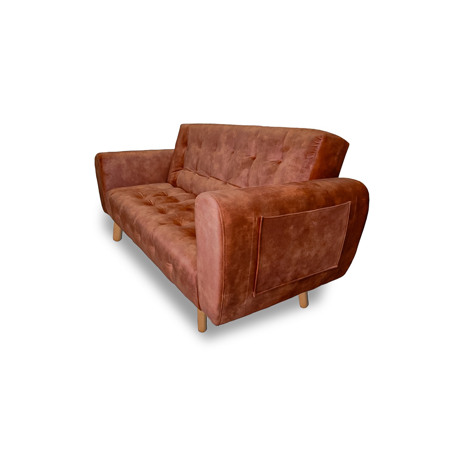 Sofacama volvo nobuck lino naranja, patas de madera, brazos - Muebles en Medellín | Sofacama