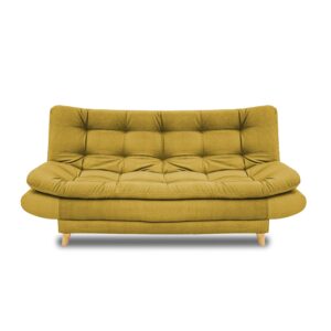 Sofacama damasco sintético amarillo, patas de madera - Muebles en Medellín | Sofacama