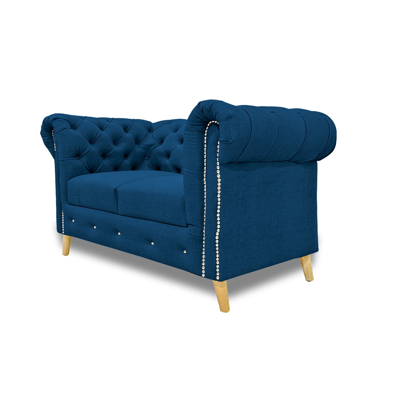 Sofa chester 2 puestos lino azul c/b, patas de madera - Muebles en Medellín | Sofá
