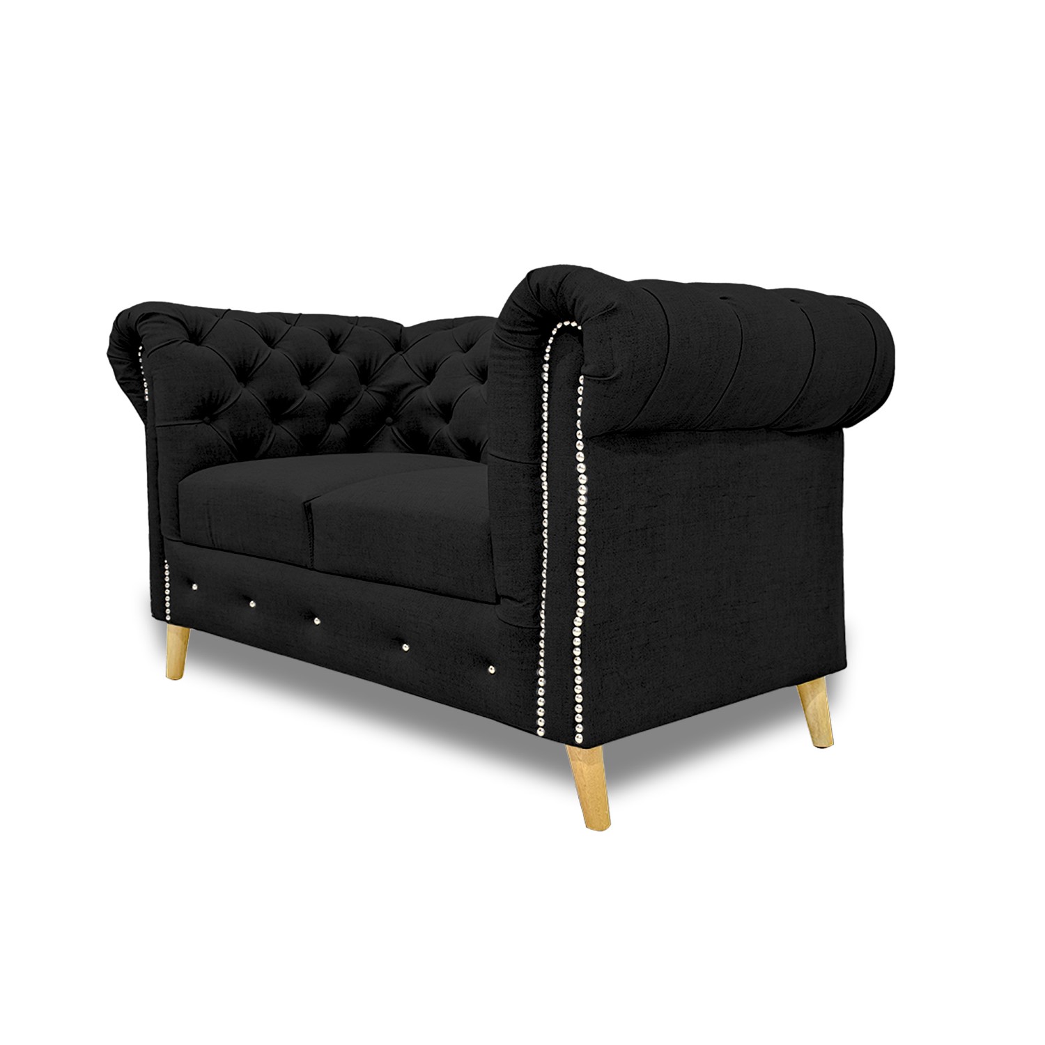 Sofa chester 2 puestos lino negro c/b, patas de madera - Muebles en Medellín | Sofá
