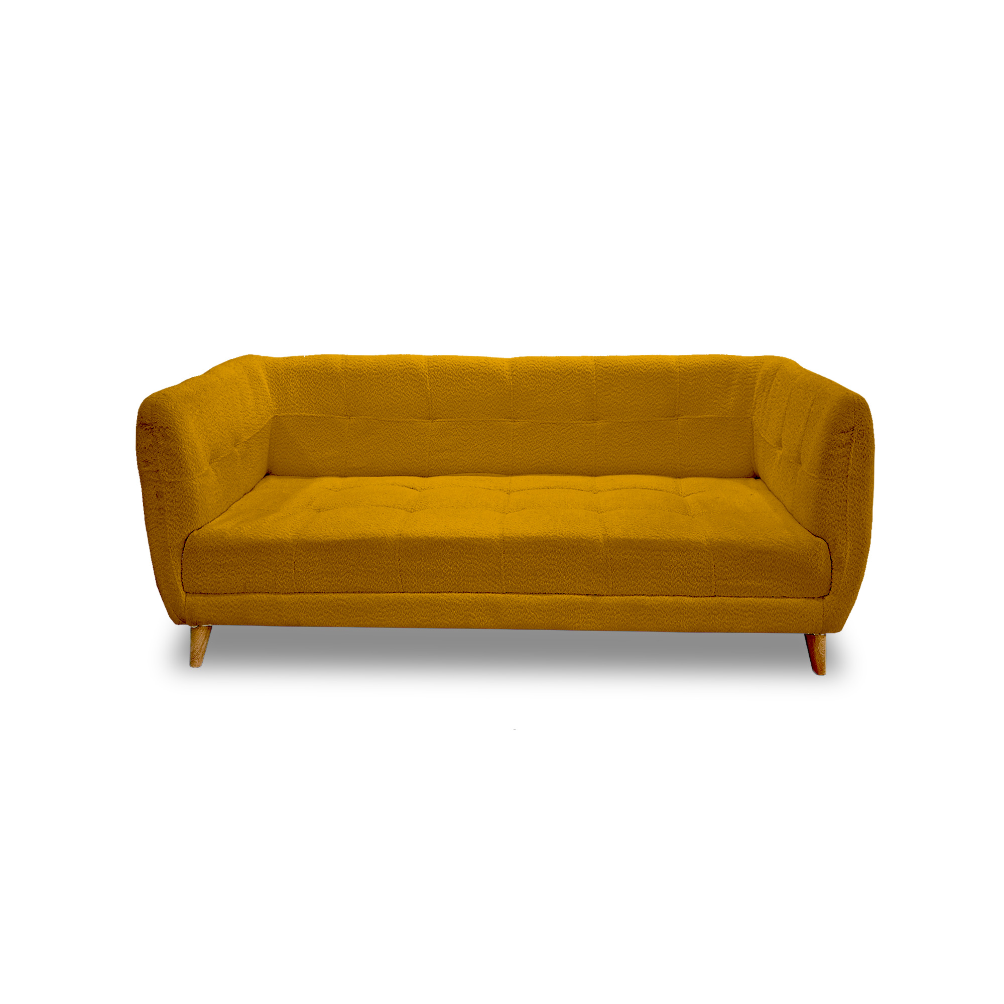 Sofa velvet poliéster mostaza, patas de madera - Muebles en Medellín | Sofá