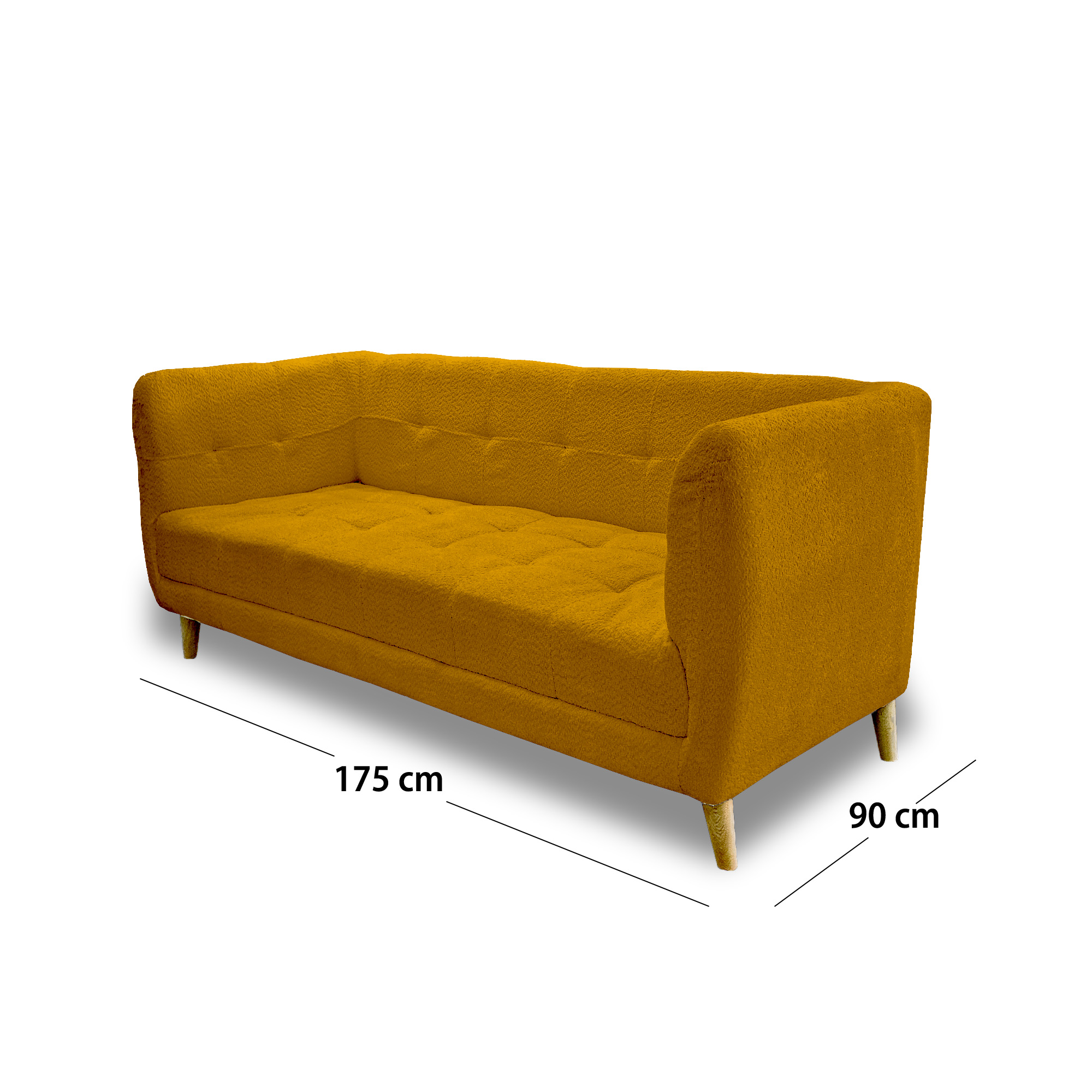 Sofa velvet poliéster mostaza, patas de madera - Muebles en Medellín | Sofá