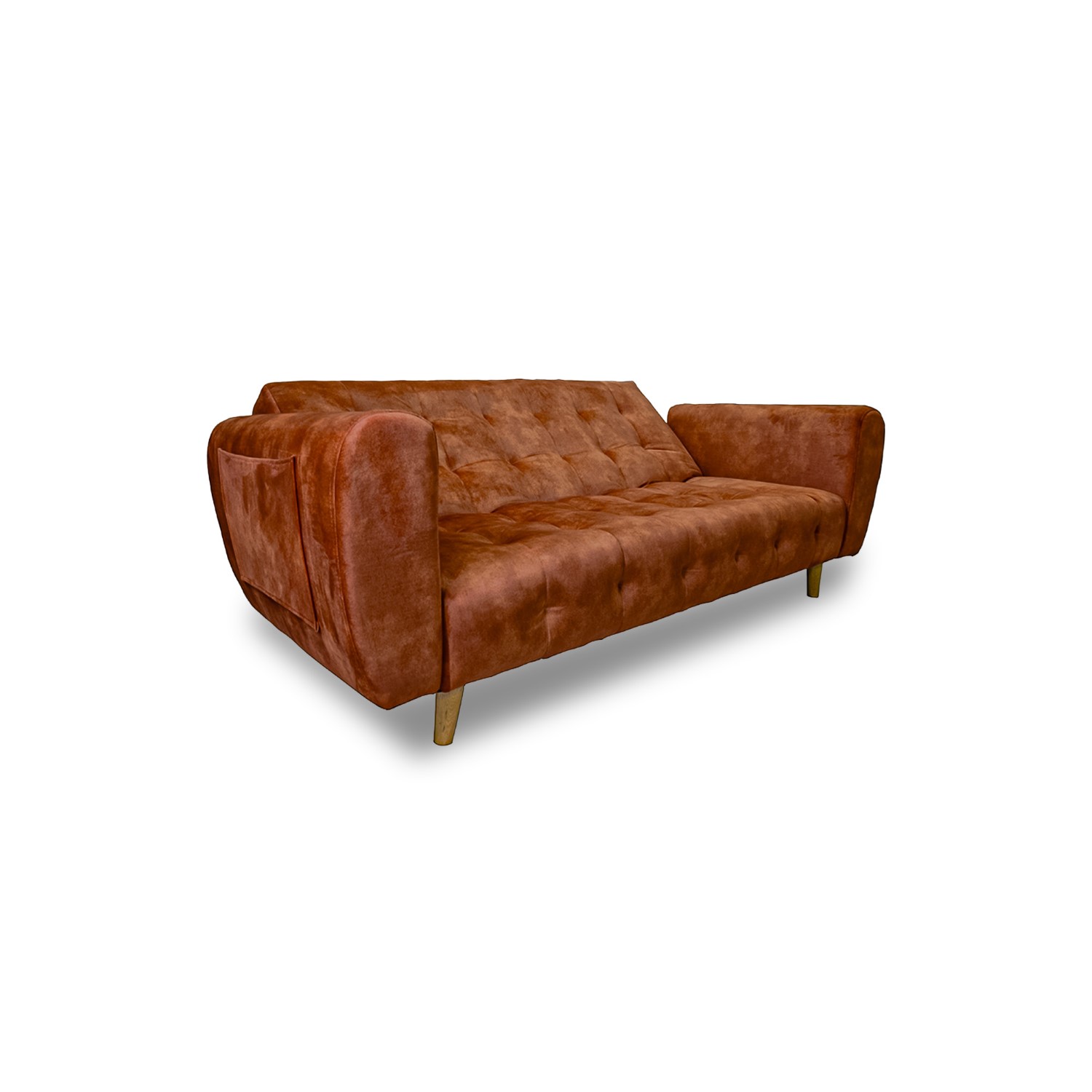 Sofacama volvo nobuck lino naranja, patas de madera, brazos - Muebles en Medellín | Sofacama