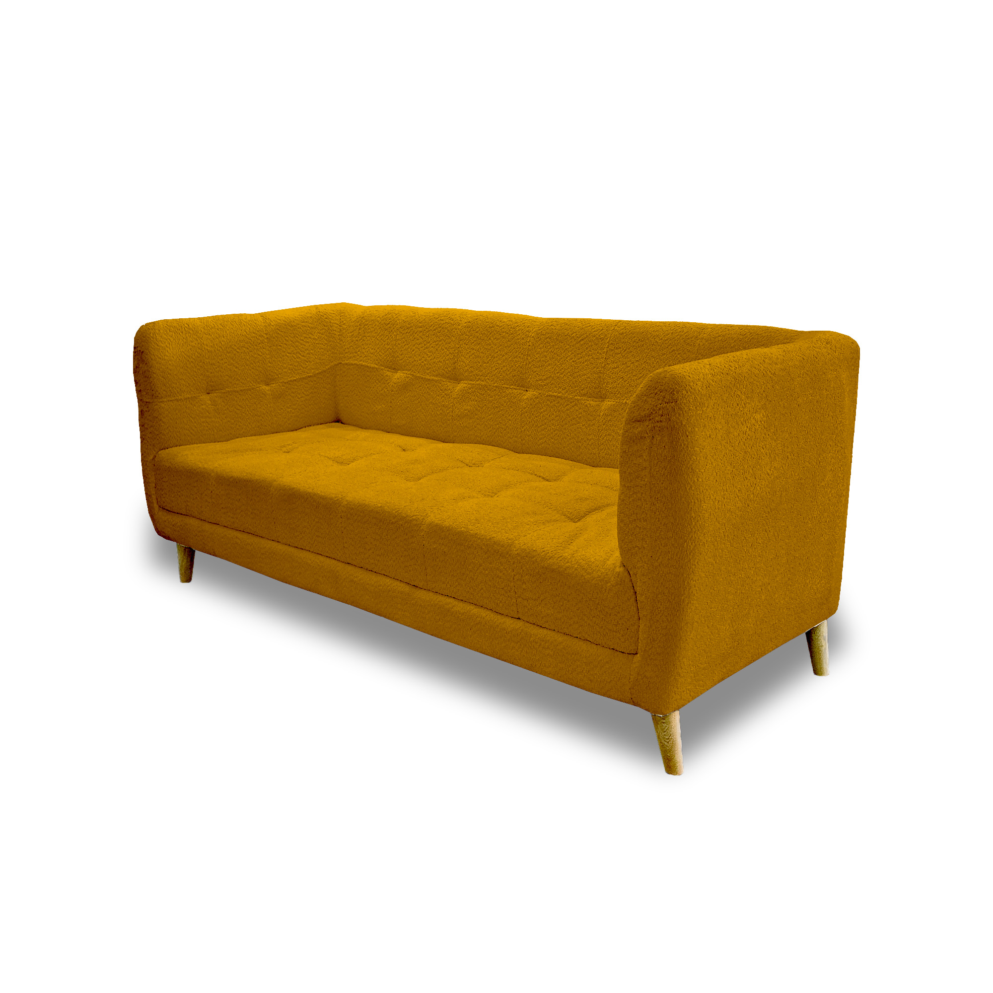 Sofa velvet poliéster mostaza, patas de madera - Muebles en Medellín | Sofá