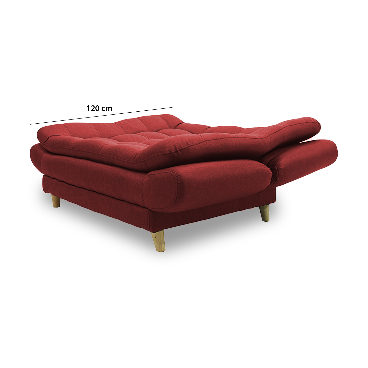 Sofacama damasco mini poliéster rojo, 2 cojines, patas de madera - Muebles en Medellín | Sofacama mini