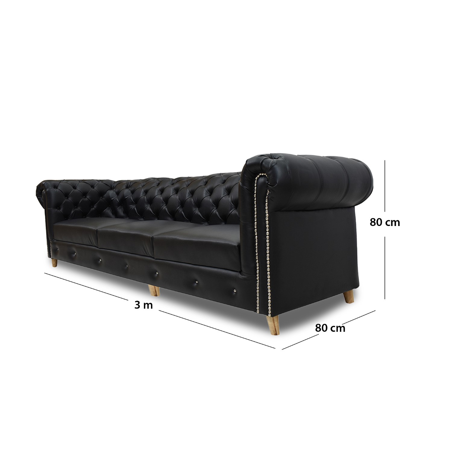 Sofa chester 3 puestos sintetico negro c/b, patas de madera - Muebles en Medellín | Sofá