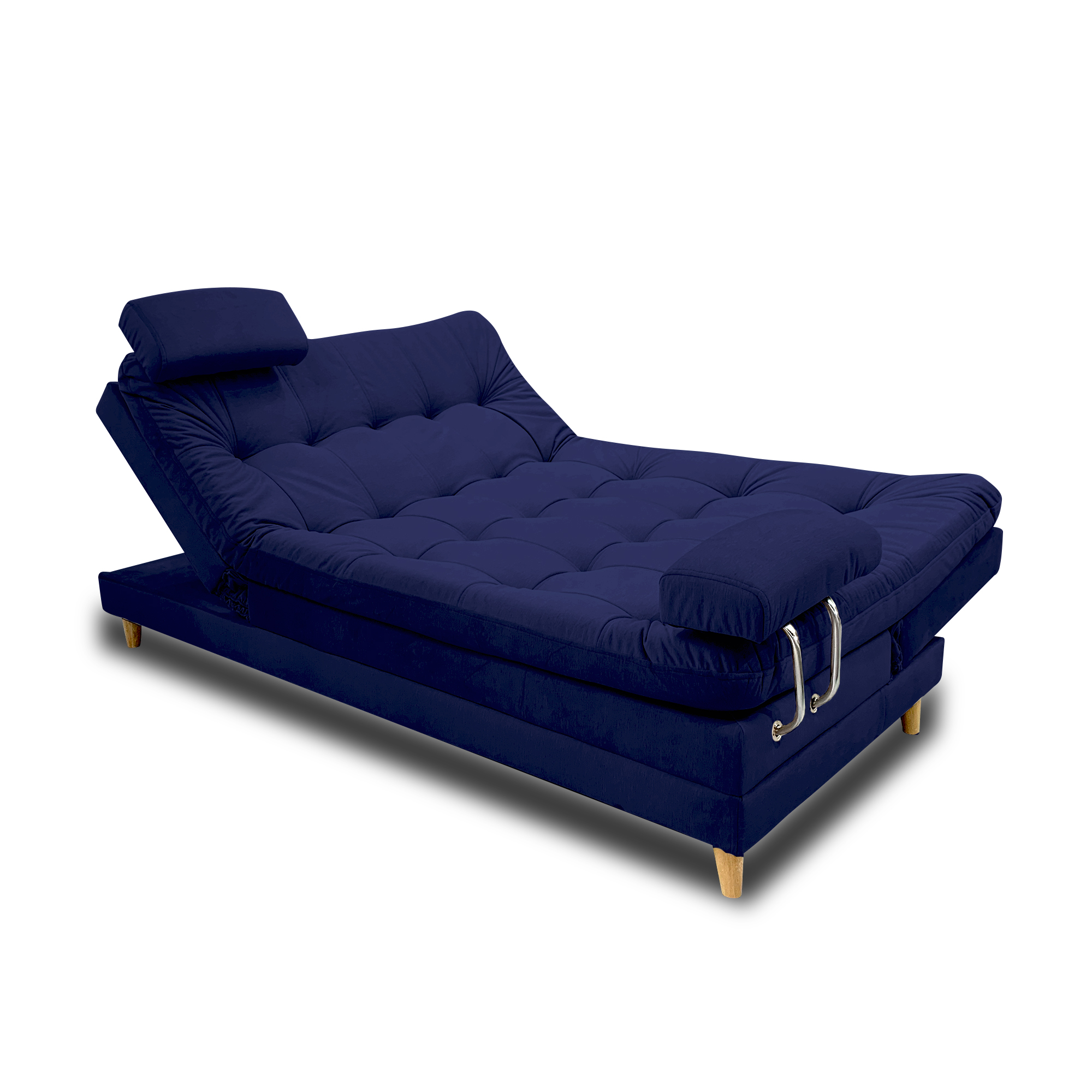Sofacama cameron lino navy con brazos, patas de madera - Muebles en Medellín | Sofacama