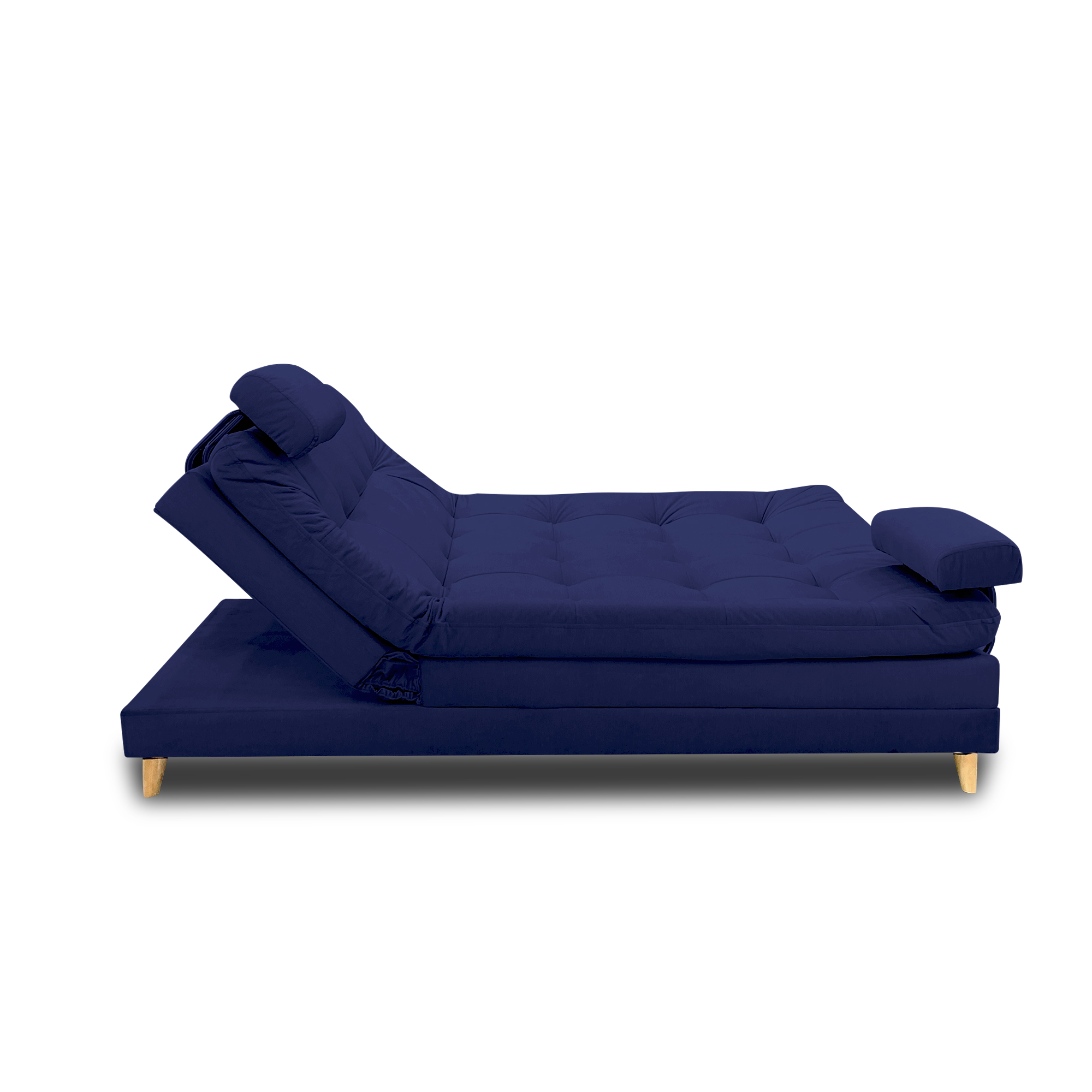 Sofacama cameron lino navy con brazos, patas de madera - Muebles en Medellín | Sofacama