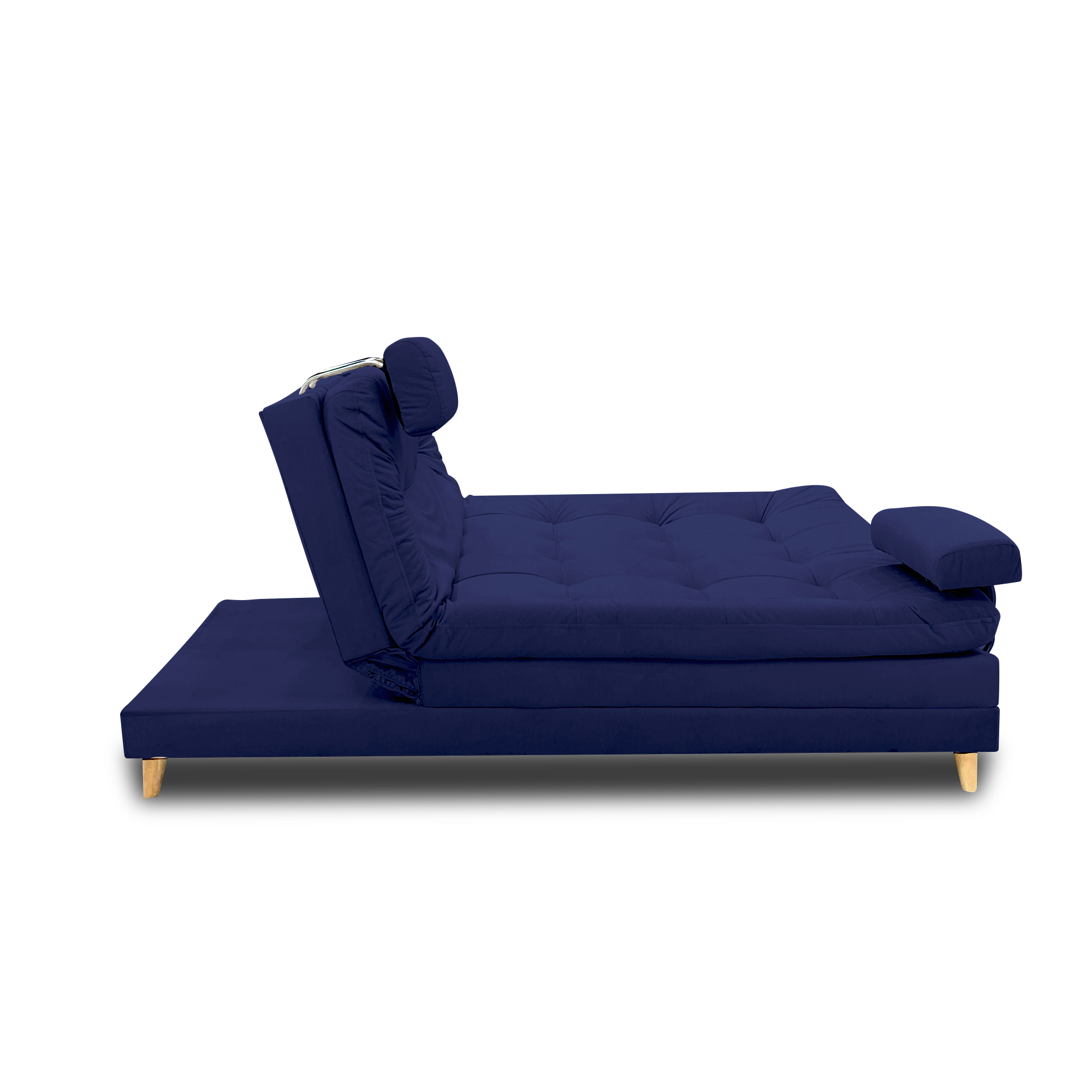 Sofacama cameron lino navy con brazos, patas de madera - Muebles en Medellín | Sofacama