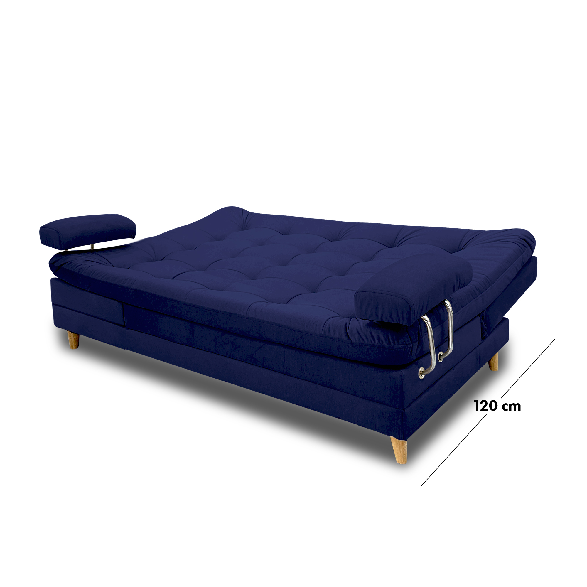 Sofacama cameron lino navy con brazos, patas de madera - Muebles en Medellín | Sofacama