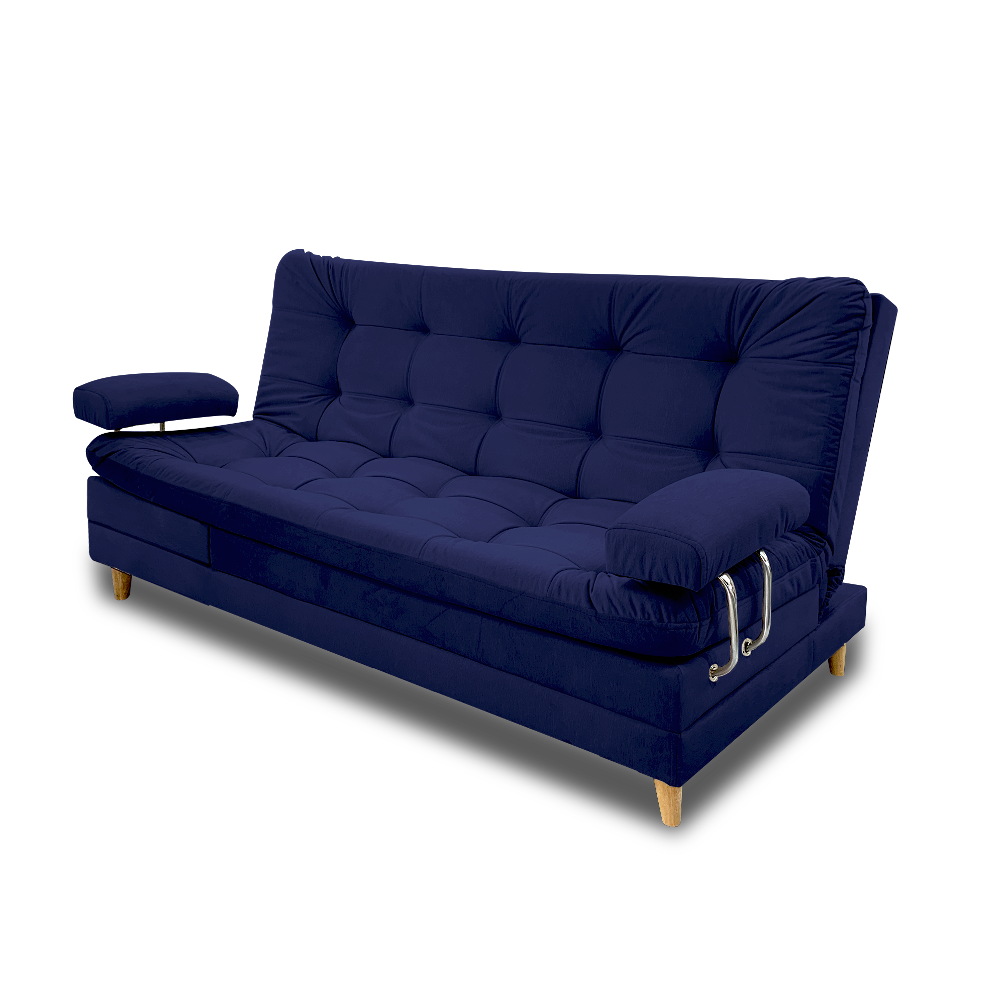 Sofacama cameron lino navy con brazos, patas de madera - Muebles en Medellín | Sofacama