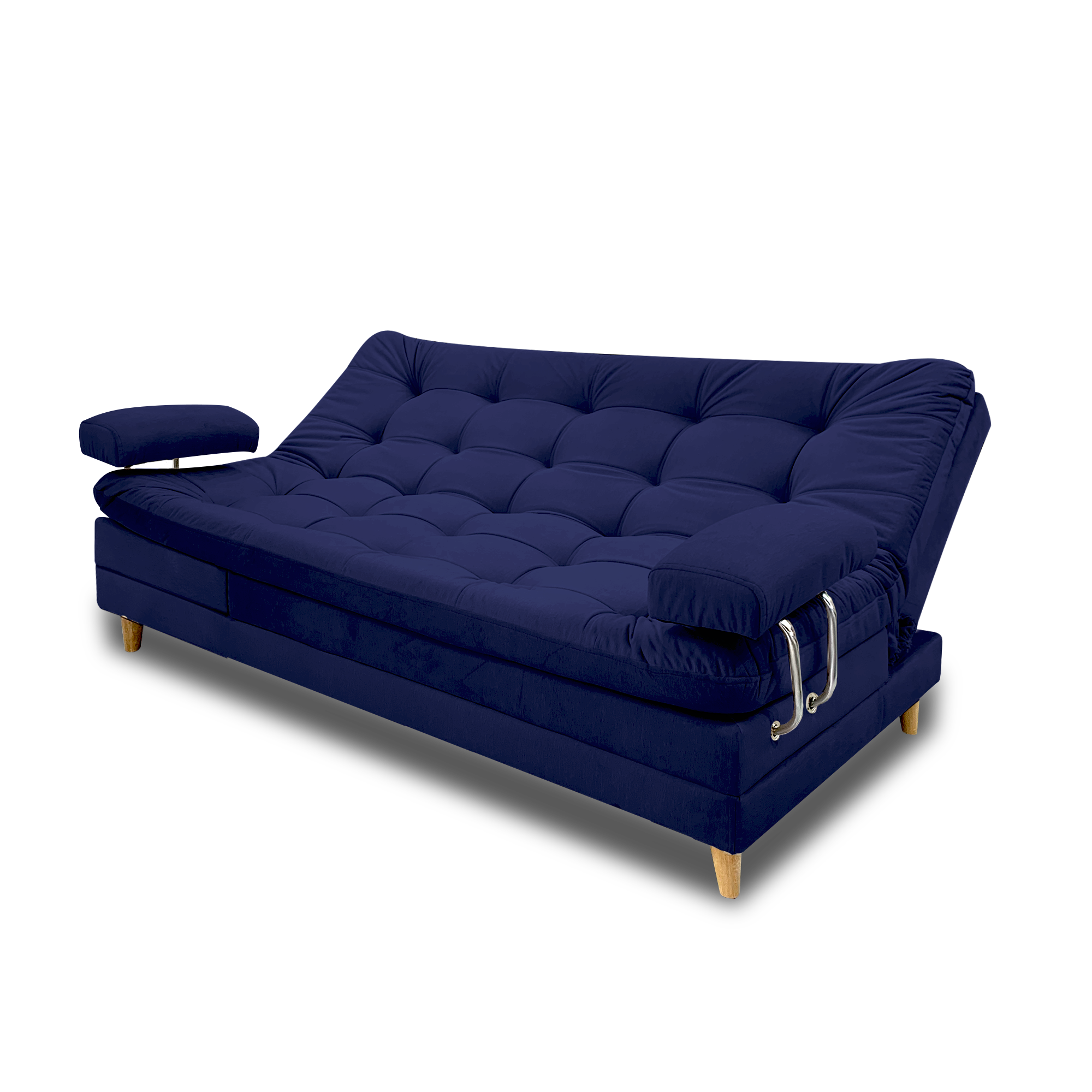 Sofacama cameron lino navy con brazos, patas de madera - Muebles en Medellín | Sofacama