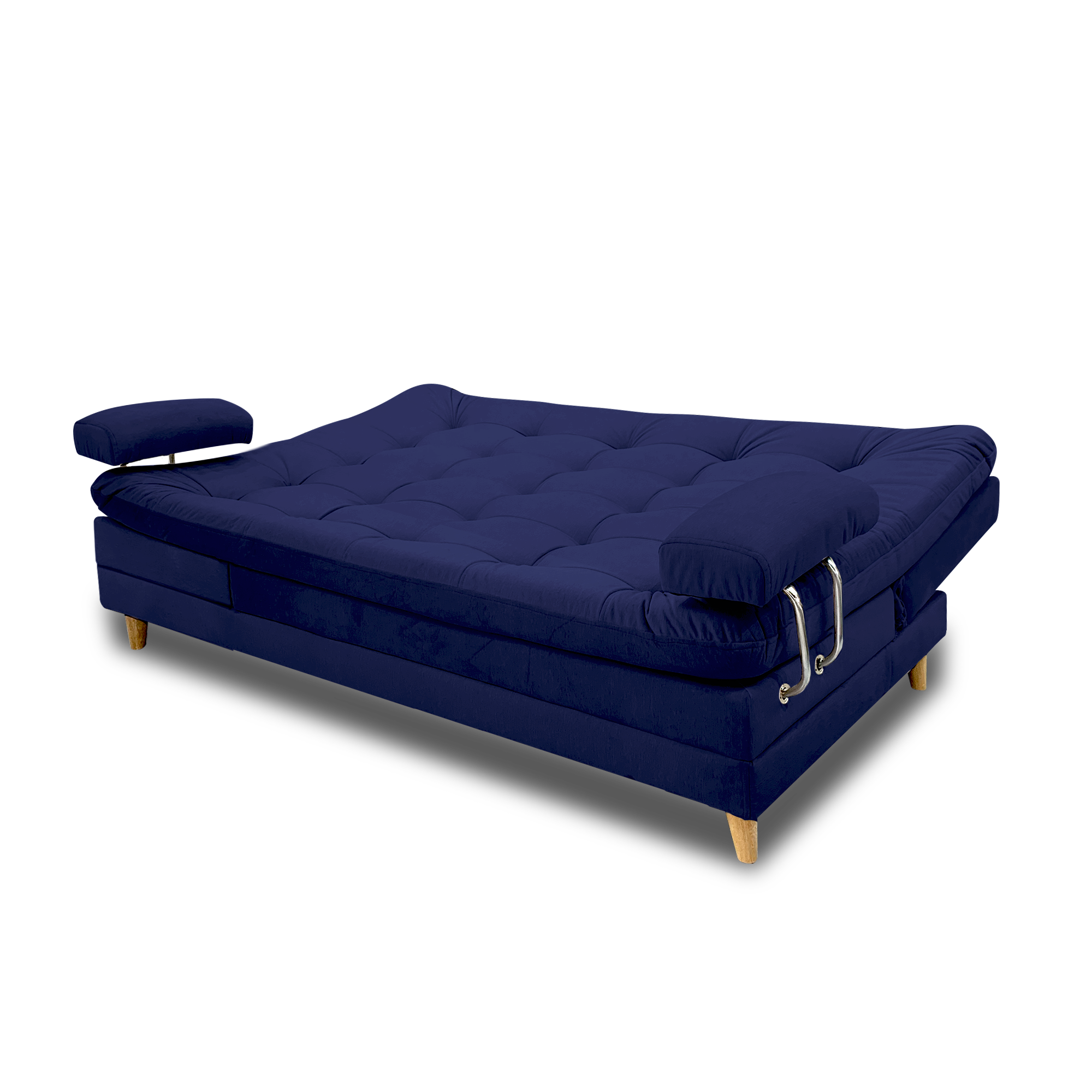 Sofacama cameron lino navy con brazos, patas de madera - Muebles en Medellín | Sofacama