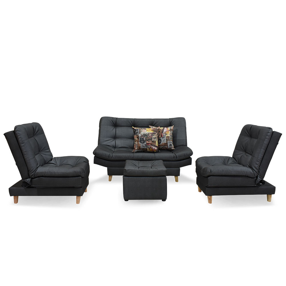 Sala moltochic sintético negro, 2 cojines, patas de madera - Muebles en Medellín | Sala