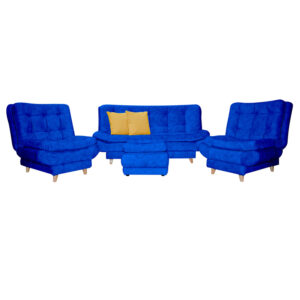 Sala damasco lino azul oscuro, patas de madera - Muebles en Medellín | Sala