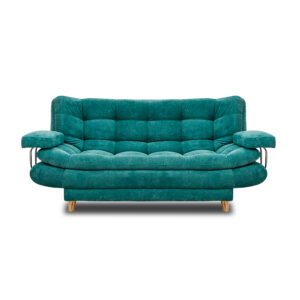 Sofacama damasco con brazos lino turquesa, patas de madera - Muebles en Medellín | Sofacama