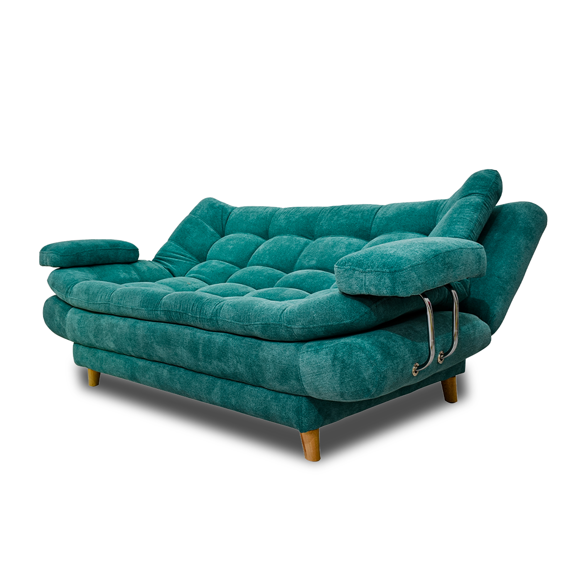 Sofacama damasco con brazos lino turquesa, patas de madera - Muebles en Medellín | Sofacama