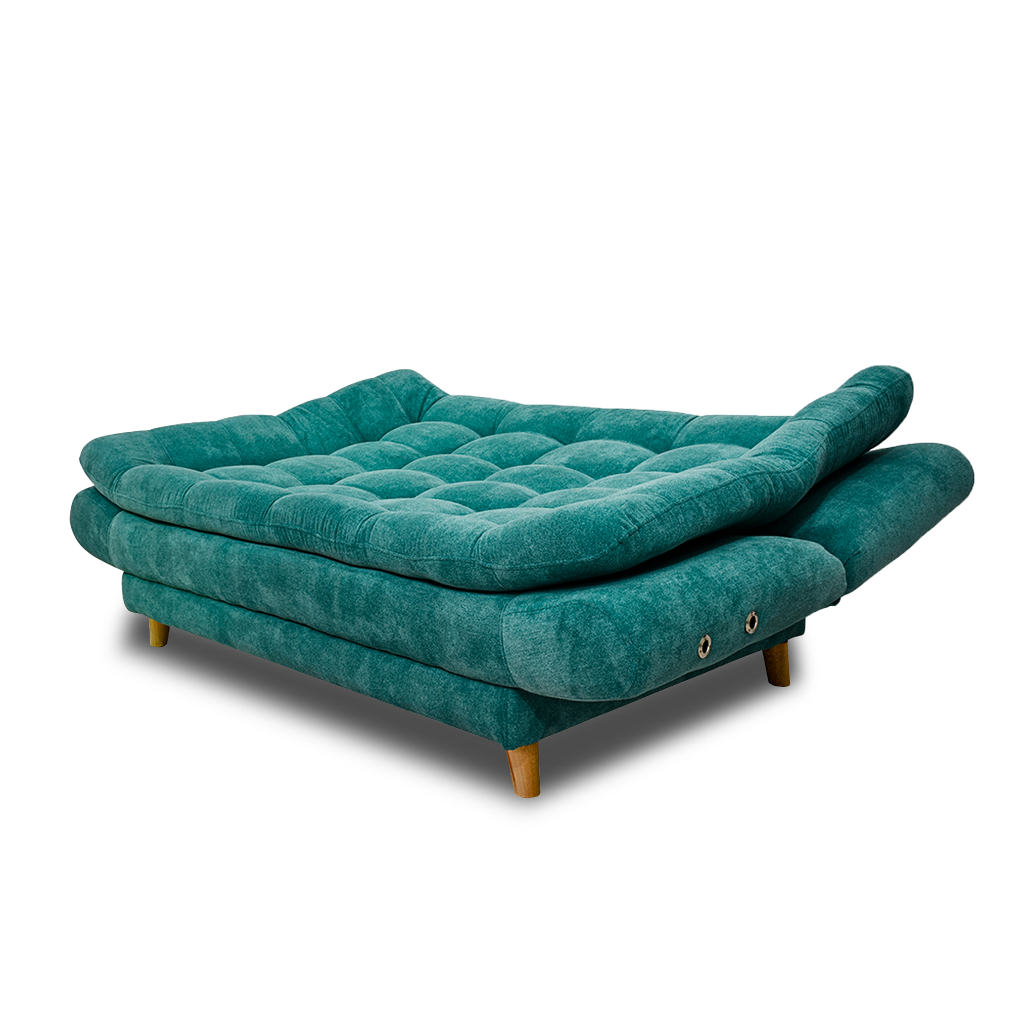 Sofacama damasco con brazos lino turquesa, patas de madera - Muebles en Medellín | Sofacama