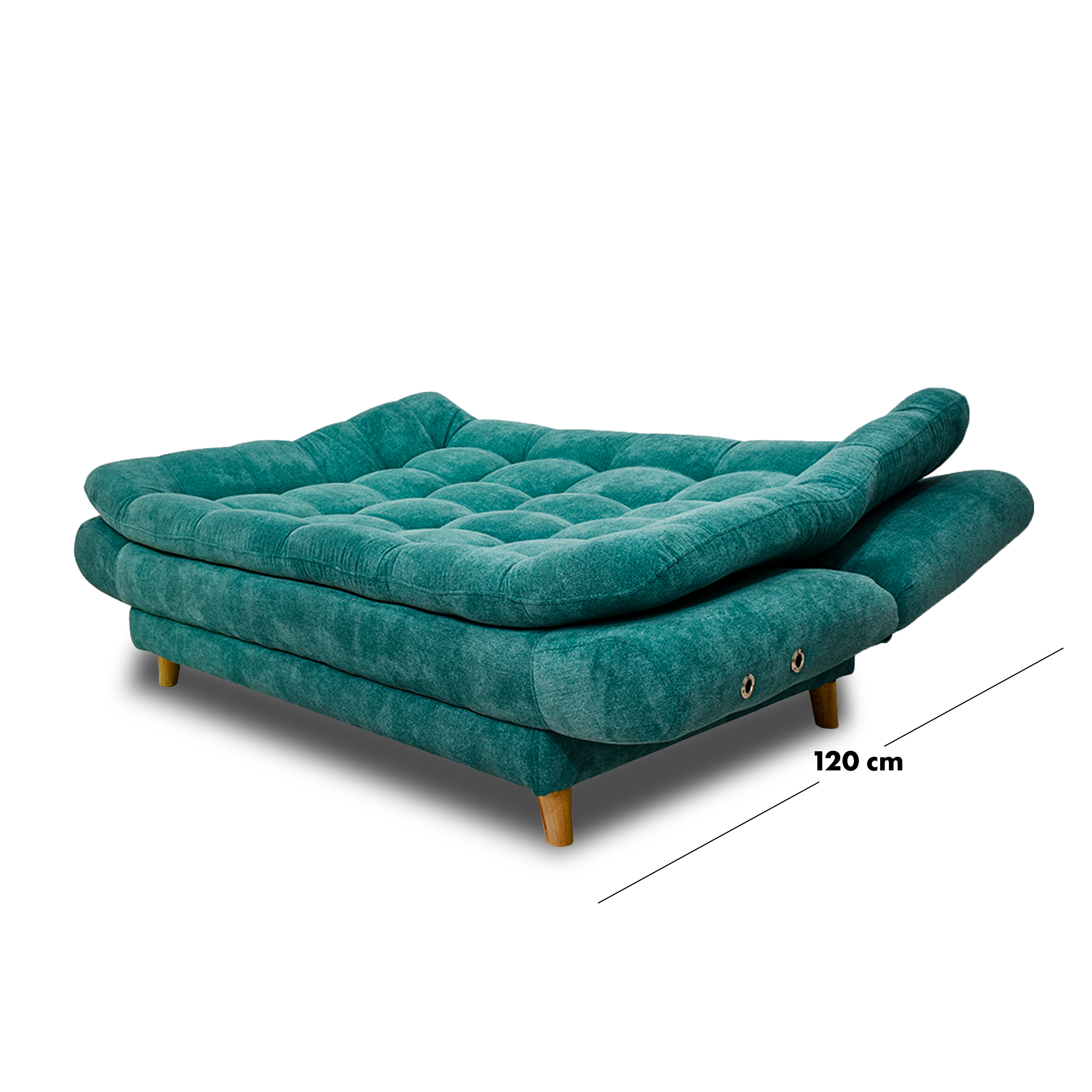 Sofacama damasco con brazos lino turquesa, patas de madera - Muebles en Medellín | Sofacama