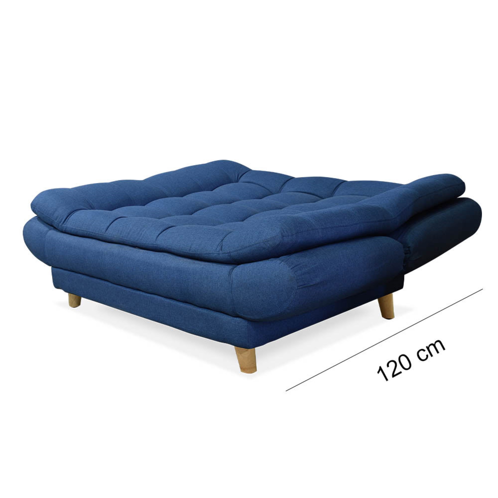 Sofacama damasco mini lino azul, 2 cojines, patas de madera - Muebles en Medellín | Sofacama mini