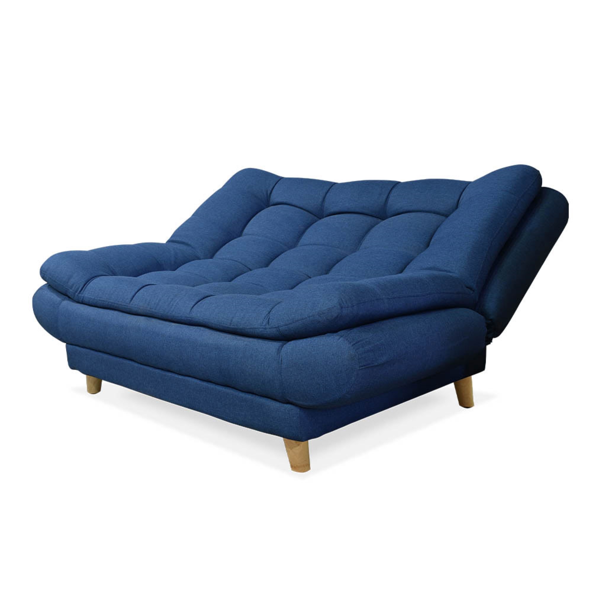 Sofacama damasco mini lino azul, 2 cojines, patas de madera - Muebles en Medellín | Sofacama mini