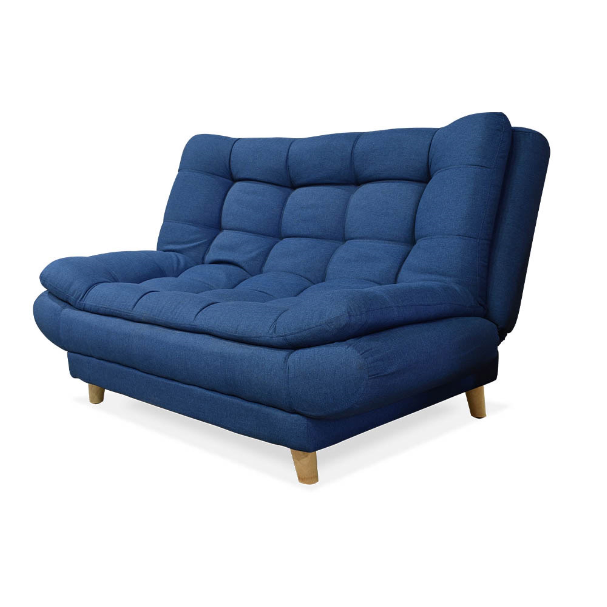 Sofacama damasco mini lino azul, 2 cojines, patas de madera - Muebles en Medellín | Sofacama mini