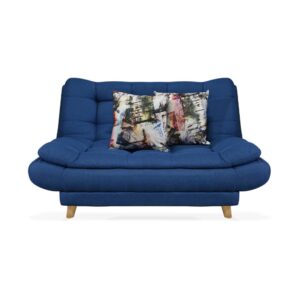 Sofacama damasco mini lino azul, 2 cojines, patas de madera - Muebles en Medellín | Sofacama mini