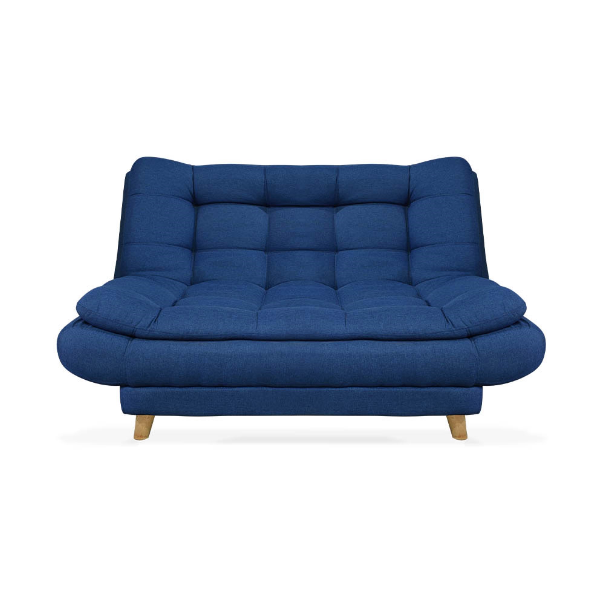 Sofacama damasco mini lino azul, 2 cojines, patas de madera - Muebles en Medellín | Sofacama mini