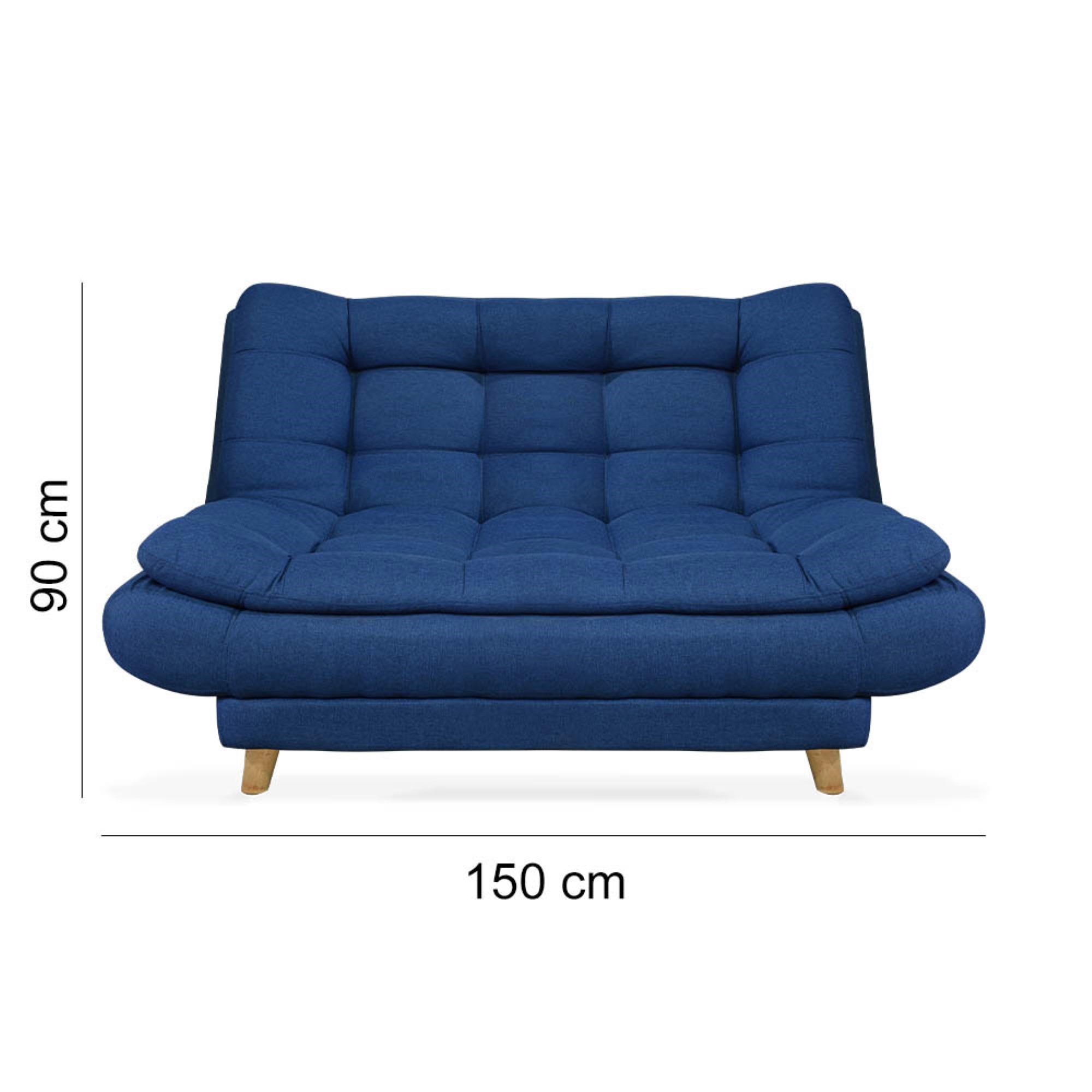 Sofacama damasco mini lino azul, 2 cojines, patas de madera - Muebles en Medellín | Sofacama mini