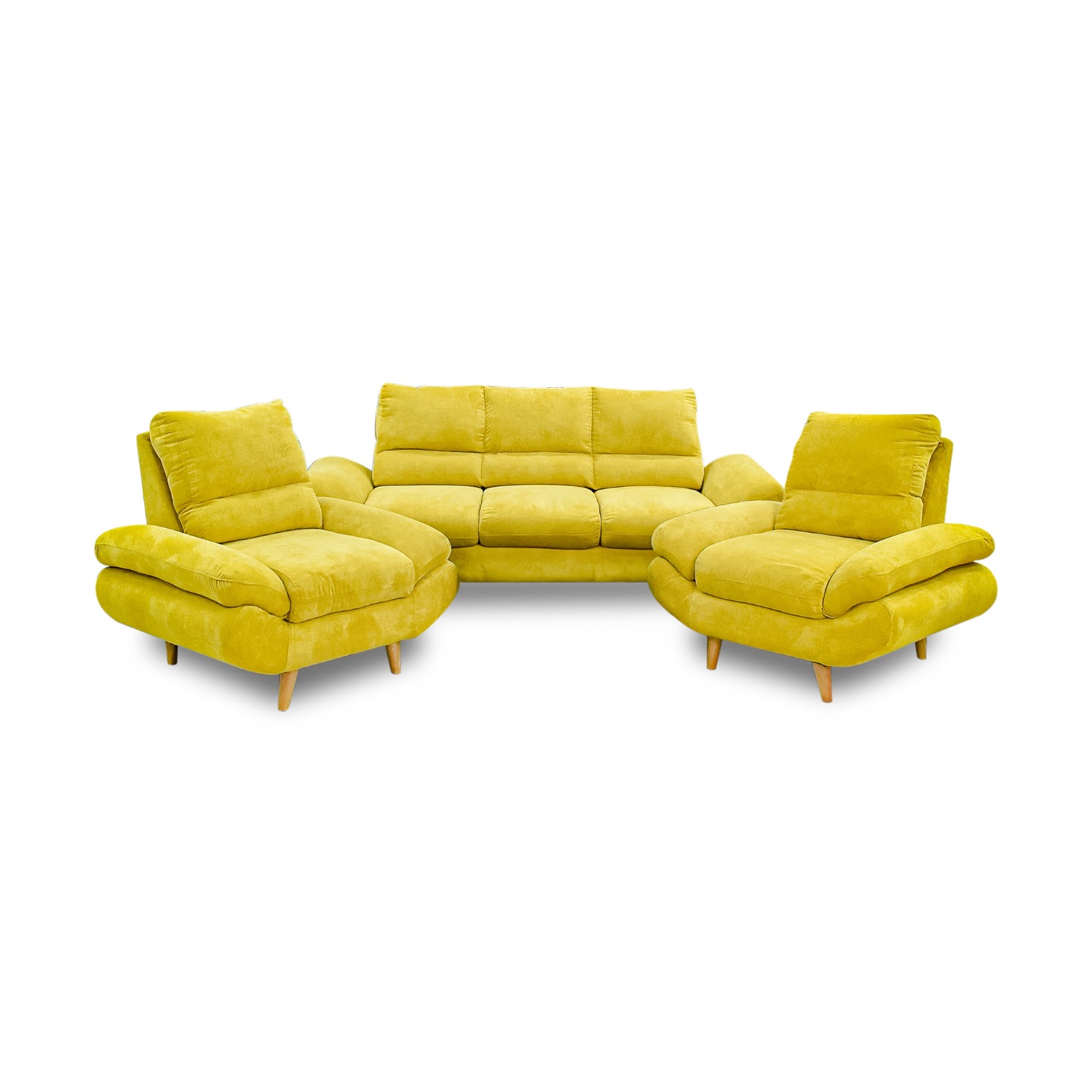 Sala venecia lino amarillo, cojines, patas de madera - Muebles en Medellín | Sala