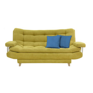 Sofacama damasco lino amarillo con cojines, patas de madera - Muebles en Medellín | Sofacama