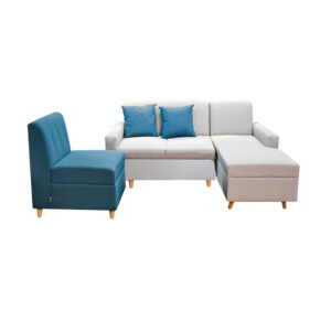 Sala denver lino gris con poltrona lino turquesa, patas de madera - Muebles en Medellín | Sala
