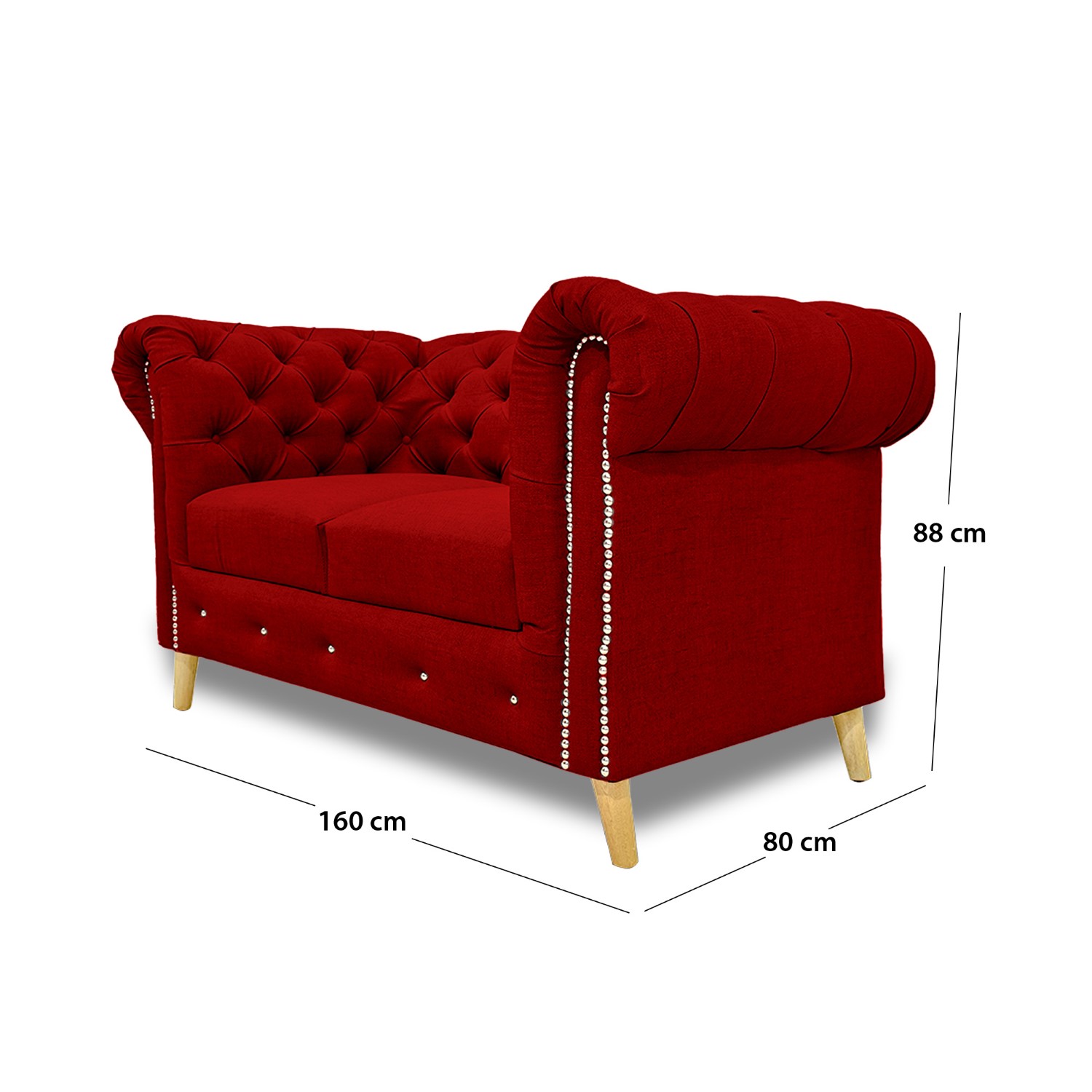 Sofa chester 2 puestos lino rojo c/b, patas de madera - Muebles en Medellín | Sofá
